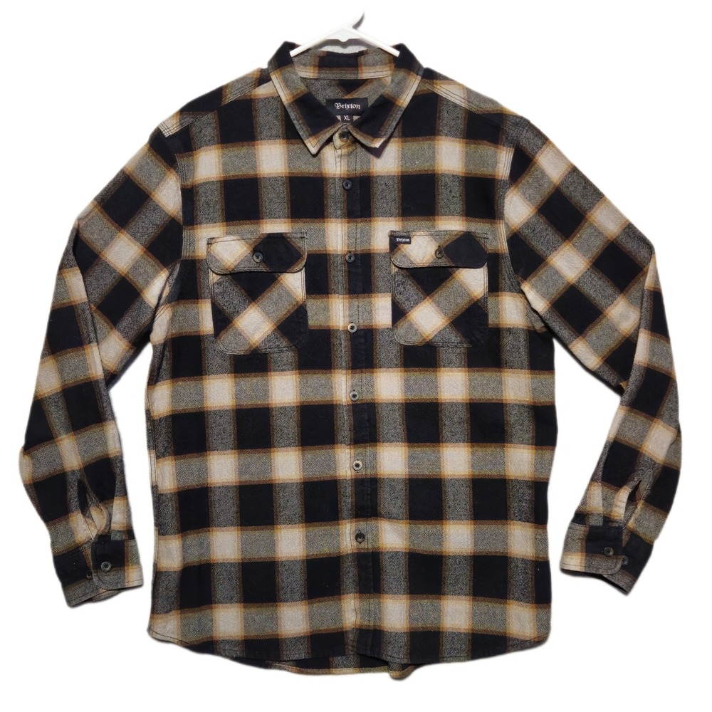 Brixton Bowery Flannel Shirt Mens XL Black Tan Plaid Heavyweight Long Sleeve